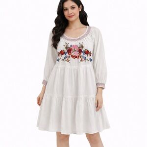 Free People White Embroidered Boho Peasant Mini Dress 3/4 Sleeve Size S